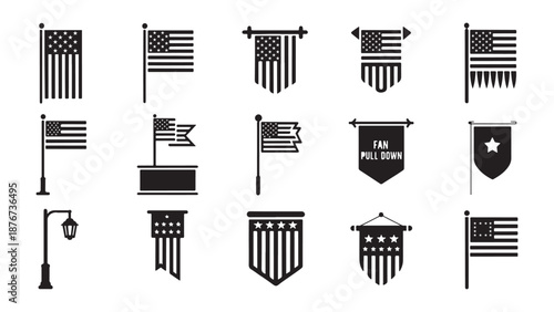 American flag banner and bunting vector set featuring hanging vertical flags, street lamp decorations, and pennants for 4th of July parades and events.