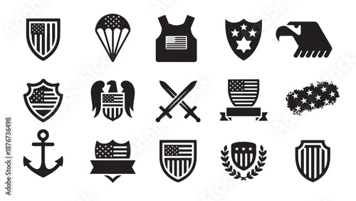 US military vector icon set featuring army shields, paratrooper gear, tactical vests, eagle heads, anchors, and crossed swords for Veterans Day and Memorial Day designs.