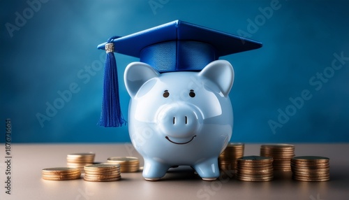 a piggy bank wearing a blue graduation cap symbolizes financial education and saving for future academic pursuits