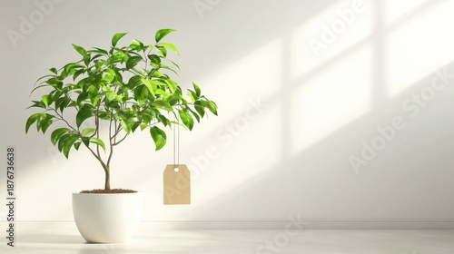 Fresh Green Indoor Plant with Blank Tag in Modern Minimalist Room