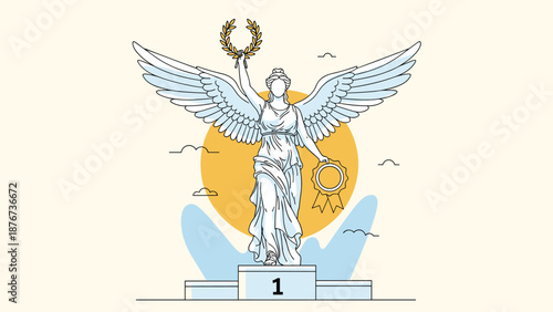 Classic white statue of a winged goddess stands victoriously on a first place podium against a bright orange sun background.