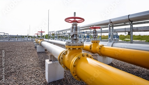 industrial pipeline system representing oil gas and water transportation with valves and flanges white background