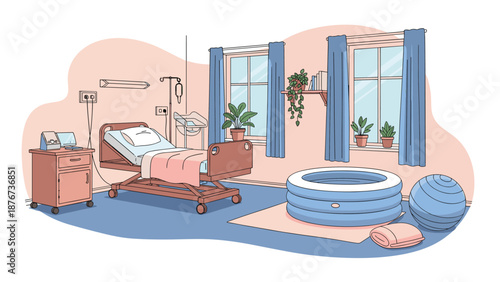 Fully equipped modern maternity room featuring a hospital bed, a birthing pool, and a blue exercise ball for labor support.