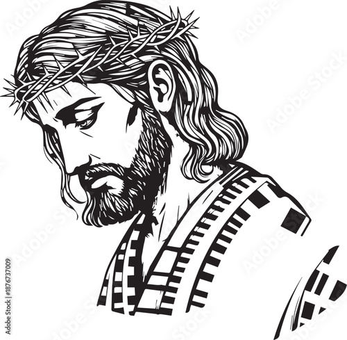 Illustration of a man with long hair and beard