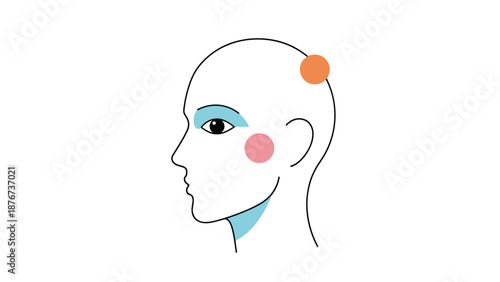Profile illustration of a human head showing various treatment or focus areas with colored circles on the face and neck.