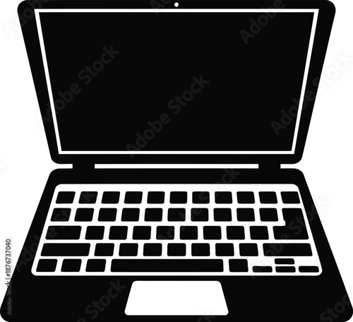 Black and white vector illustration of a laptop computer icon, symbolizing technology and computing