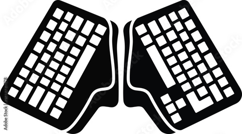 Black and white vector illustration of a split ergonomic keyboard design for computer interface