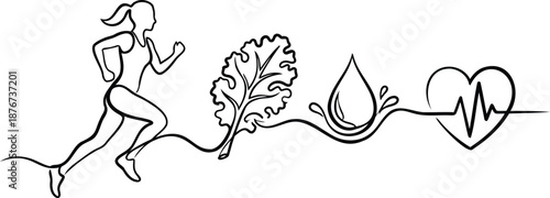 Healthy Lifestyle Concept Continuous Line Art with Woman Running Healthy Food Water and Heart Rate