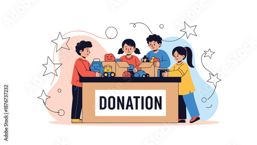 Group of four happy children work together to pack cardboard boxes full of toys for a charitable donation project.