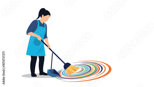 Domestic worker in a blue apron uses a broom to sweep a vibrant and colorful circular art pattern on a white floor.