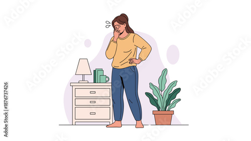 Sick woman wearing a yellow sweater and blue pajamas stands in her cozy bedroom feeling unwell while holding her nose.