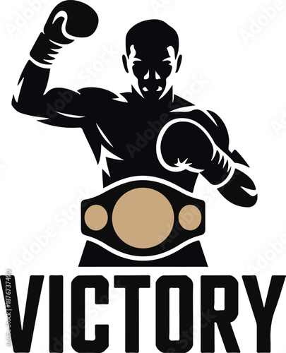 Victory, boxer champion raising arm with belt and boxing gloves, strong fighter