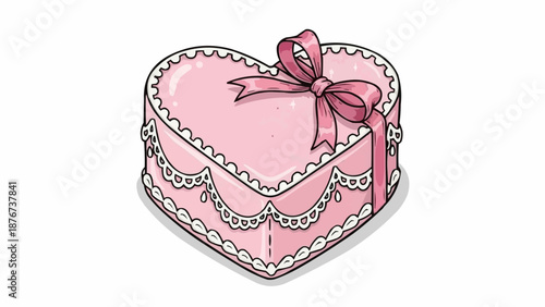 Pink heart shaped cake with ribbon bow decoration.