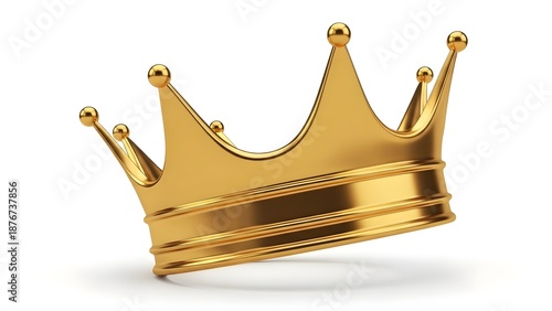 Majestic golden royal crown tilted slightly showing intricate polished metal design and shining spherical ornaments on white background