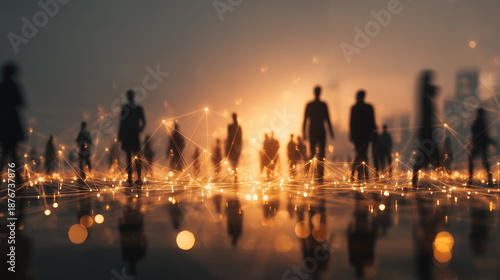 Digital network connecting people silhouettes in modern city with glowing data links