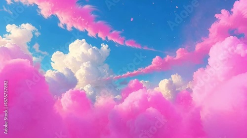 Dreamy pink and purple fluffy clouds moving across a bright blue sky in a fantasy atmosphere