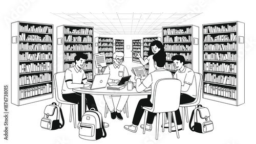 Group of focused university students study together around a table in a vast library filled with rows of books and bookshelves.