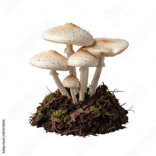 Cluster of white mushrooms growing on a mossy soil mound