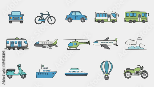 Collection of diverse transportation vehicles and modes of travel.