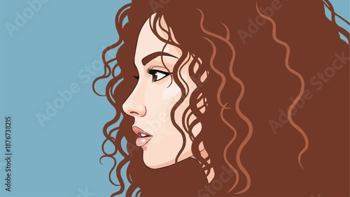 Profile of a young woman with long curly brown hair.