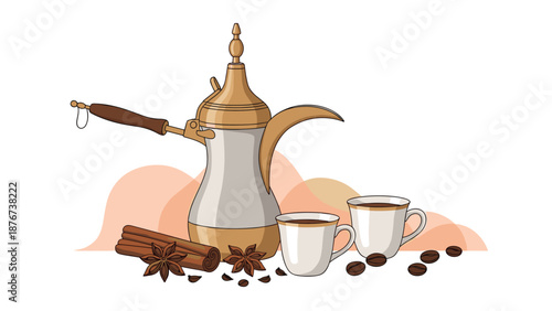 Traditional Arabic coffee set featuring a dallah pot with ceramic cups and spices including cinnamon sticks and star anise.