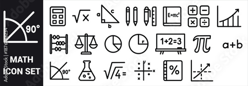 Math icons set with calculator square root triangle abacus pie chart and graphs mathematics