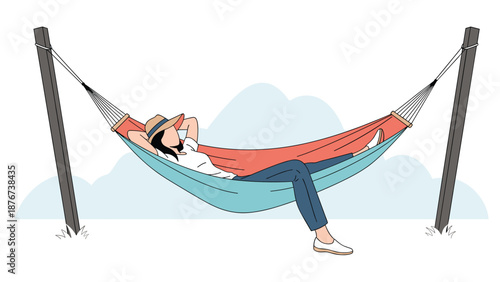 Relaxed person wearing a hat and resting in a colorful hammock outdoors to enjoy a peaceful moment of leisure and vacation.