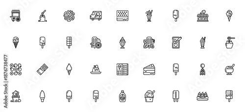 Ice cream icon set. Vector illustration collection. Includes ice cream cart, truck, shop, scoop, milkshake, popsicle, banana split, syrup, nuts, berries, chocolate and more.