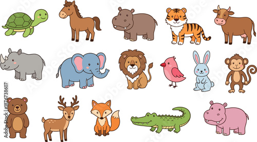 Photography Cartoon animals set, turtle, horse, hippopotamus, tiger, cow, lion, rabbit, monk