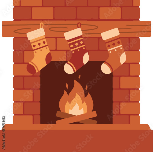 Cozy Christmas Fireplace Illustration with Burning Hearth and Three Hanging Holiday Stockings