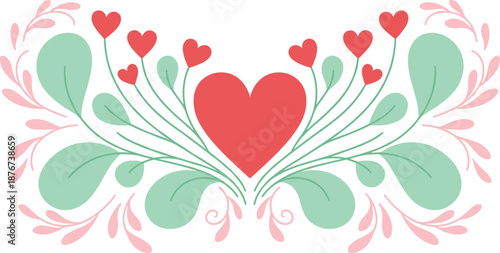 Romantic floral heart illustration with leaves and blooming love flowers symmetrical decorative design isolated white background for wedding valentine art