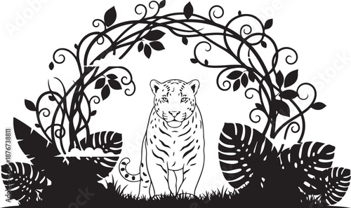 Black and white tiger standing in jungle foliage illustration