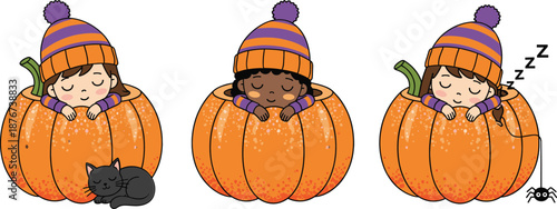 Cute children sleeping inside pumpkins during autumn season flat vector illustration for Halloween fall kids design