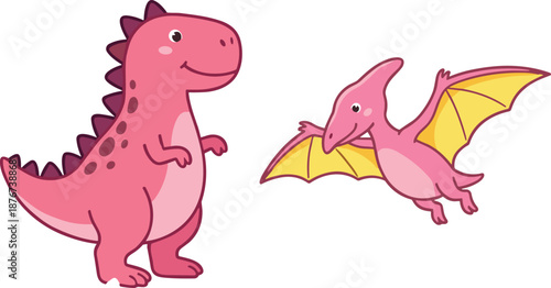 Cartoon dinosaurs set, pink tyrannosaurus rex, flying pteranodon, cute prehistoric animals, colorful vector illustration for kids, friendly dinosaur style