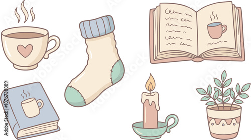 Cozy Hygge Lifestyle Vector Illustration Set with Coffee Mug, Books, Candle, Sock, and Potted Plant