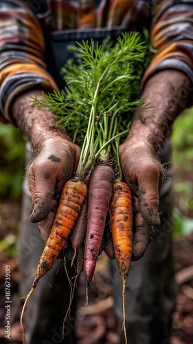 farmer holding fresh muddy carrots