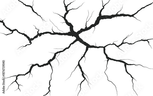 Abstract cracked ground texture illustration with lightning fracture pattern, black earth fissures isolated on white background for grunge design, disaster concept, texture overlay