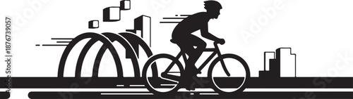 Cyclist Riding Through Cityscape with Modern Architecture Background Silhouette
