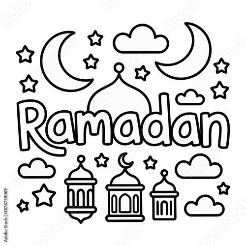 Ramadan Celebration: The word Ramadan is the centerpiece, surrounded by crescent moons, stars, lanterns, and clouds, all delicately outlined against the space.
