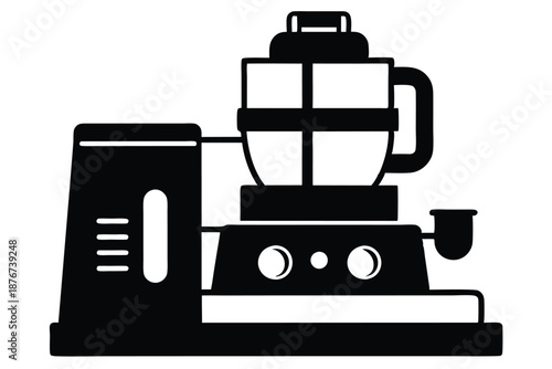 A clean vector drawing of a food processor, presented as a monochrome silhouette on a white background, for kitchen technology themes.