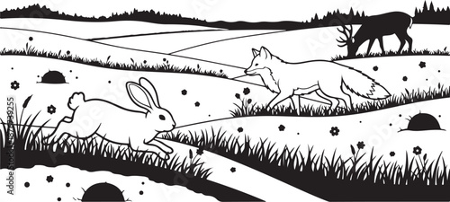 Black and white illustration of a rabbit and fox