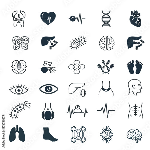 Diverse collection of human anatomy, biology, and medical condition outline icons