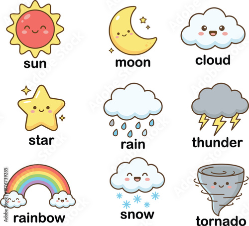 Cartoon weather and celestial elements set, sun, moon, cloud, star, rainbow, thunder, tornado, snow, rain, kids vector illustration