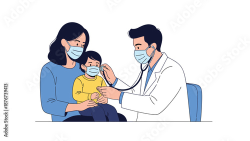 Male doctor wearing a mask while using a stethoscope to examine a young child sitting on their mother's lap in a clinic.