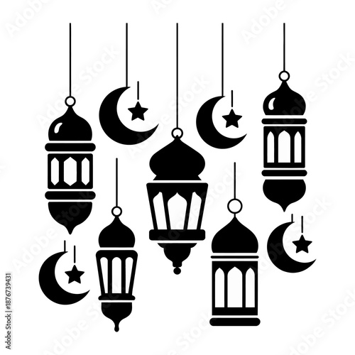 Celestial Lanterns of Celebration: An artistic display of lanterns and crescent moons, representing a festival, with each symbol casting a tranquil silhouette, exuding an ambiance of harmony.