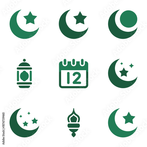 Islamic themed Illustration: An artistic set features diverse icons and symbols, incorporating celestial elements and traditional motifs.