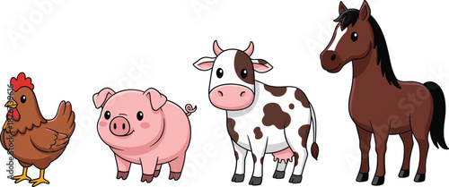 Cute farm animals collection including chicken pig cow and horse flat vector illustration for agriculture design