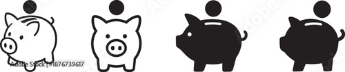 Silhouette vector set of piggy banks with coins, outline style for finance and savings.