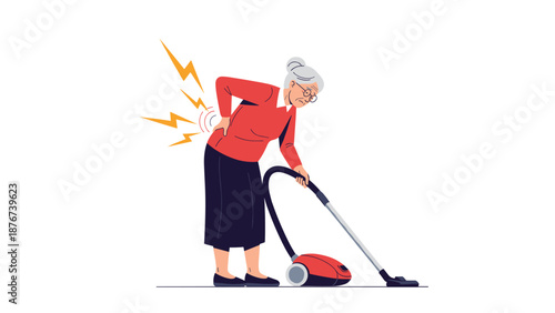 Elderly woman experiencing sudden back pain while performing household chores like vacuuming the floor in her home.