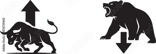 Silhouette vector of bullish and bearish symbols representing stock market trends.
